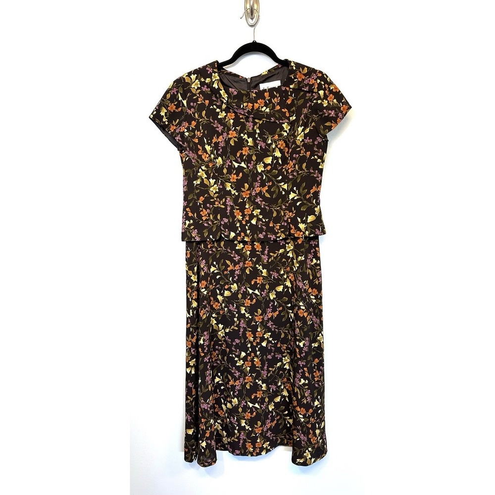 Vintage Modest Floral Midi Dress 8P Brown Purple 90s Fall J Taylor Secretary